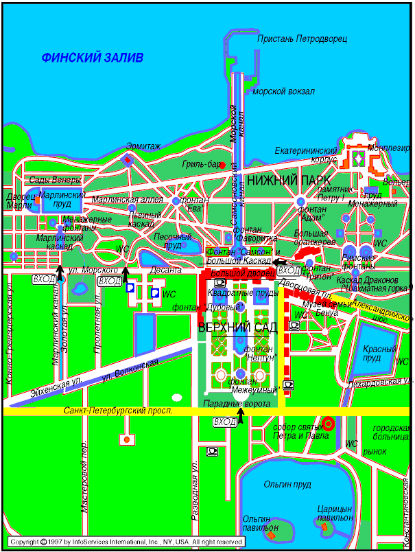 Карта Петергофа   (подведите курсор на интересующий объект и Вы сможете узнать режим работы и стоимость билета)  Стоимость входного  билета в Нижний Парк  30 руб - взрослый, 10 - студенты.